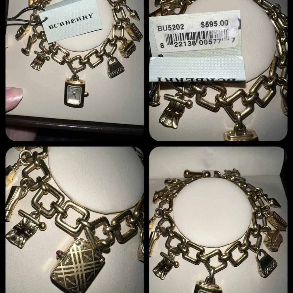 BURBERRY Gold Plated Charm Bracelet Watch Box Manuals Tags Needs Battery RETIRED - Picture 2 of 4